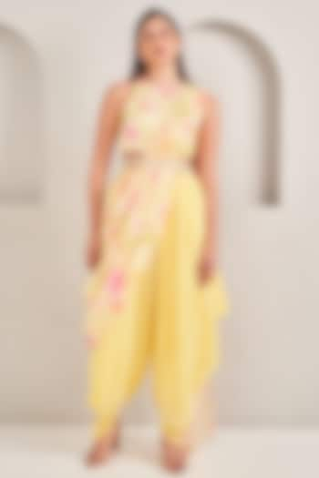 Sunshine Yellow Crepe Silk Floral Printed Draped Dhoti Saree Set by Sammohi By Moksha & Hiral at Pernia's Pop Up Shop