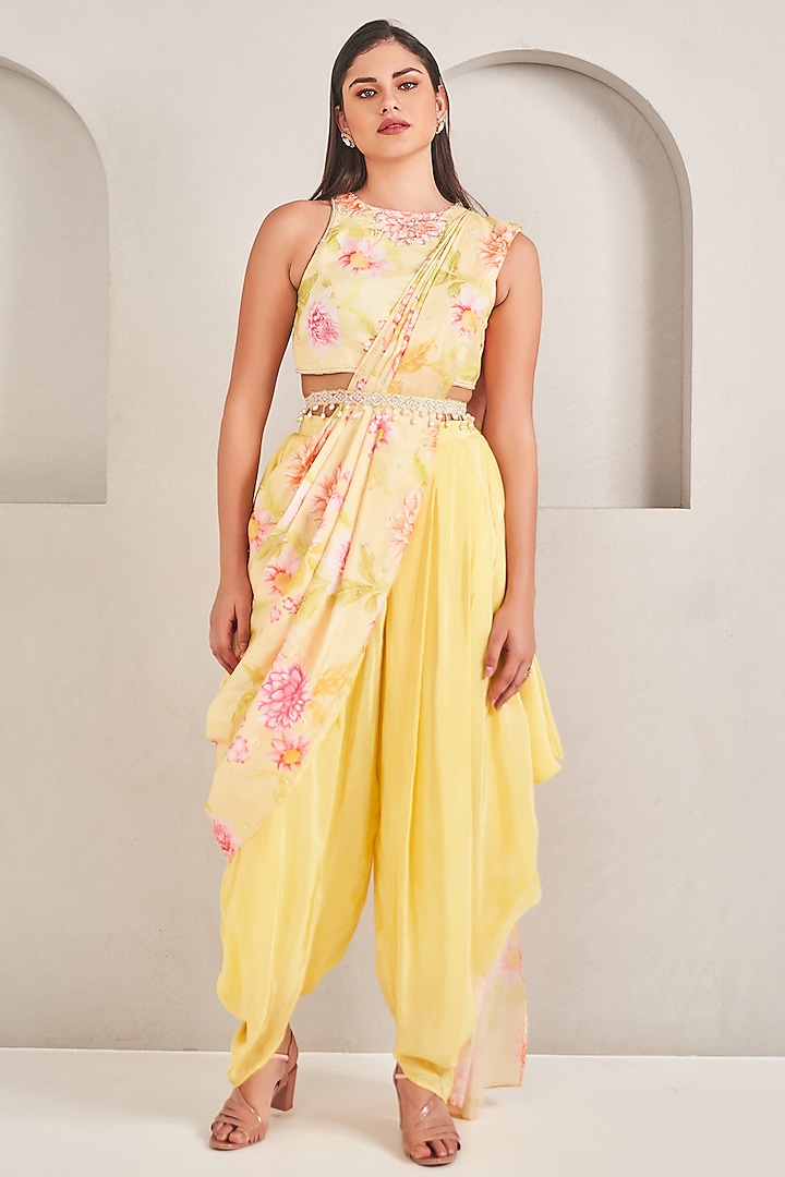 Sunshine Yellow Crepe Silk Floral Printed Draped Dhoti Saree Set by Sammohi By Moksha & Hiral at Pernia's Pop Up Shop