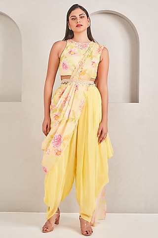 Sunshine Yellow Crepe Silk Floral Printed Draped Dhoti Saree Set by Sammohi By Moksha & Hiral