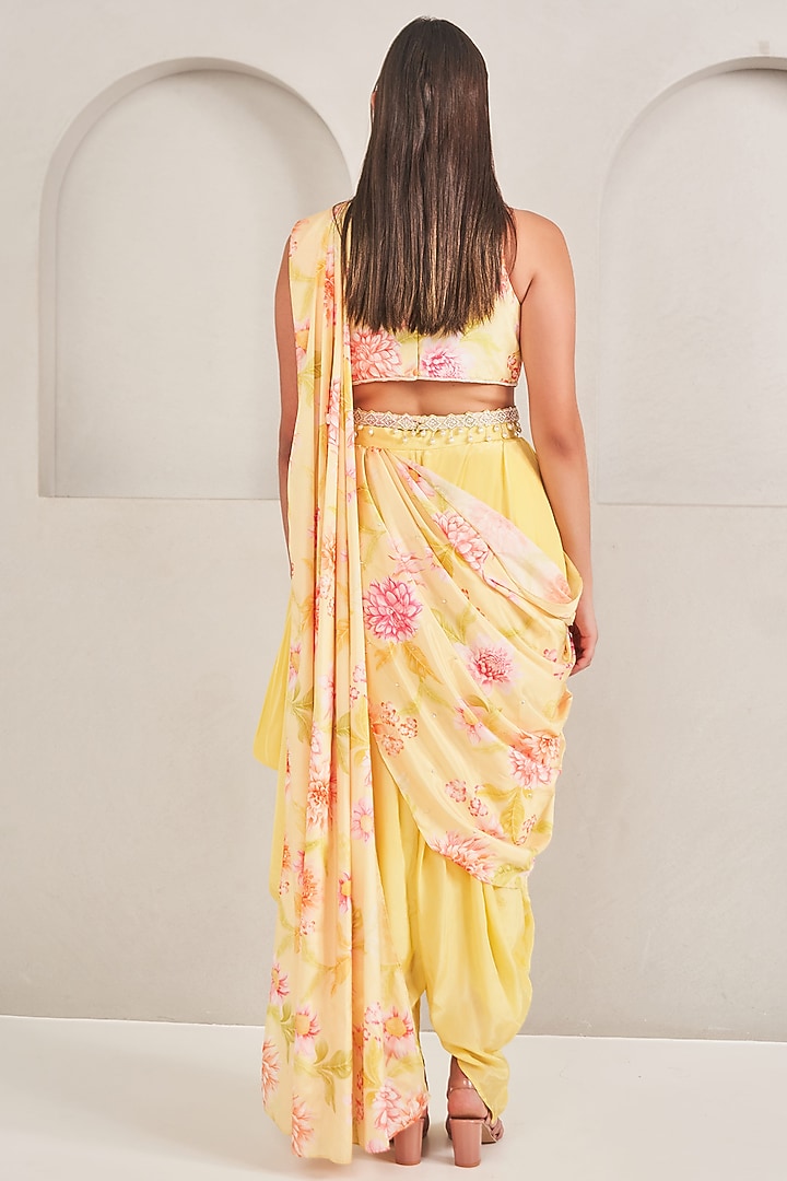 Sunshine Yellow Crepe Silk Floral Printed Draped Dhoti Party Wear Saree Set by Sammohi By Moksha & Hiral at Pernia's Pop Up Shop
