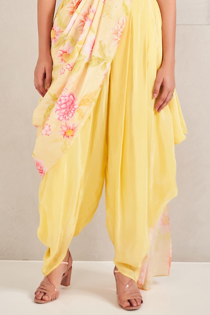 Sunshine Yellow Crepe Silk Floral Printed Draped Dhoti Party Wear Saree Set by Sammohi By Moksha & Hiral at Pernia's Pop Up Shop