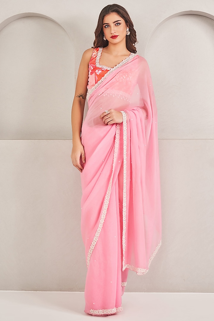 Rose Pink Organza Saree Set by Sammohi By Moksha & Hiral at Pernia's Pop Up Shop