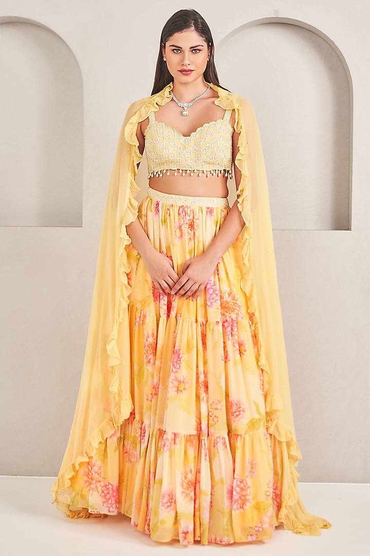 Sunshine Yellow Georgette Floral Printed Lehenga Set by Sammohi By Moksha & Hiral at Pernia's Pop Up Shop