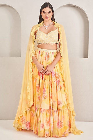 Sunshine Yellow Georgette Floral Printed Lehenga Set by Sammohi By Moksha & Hiral
