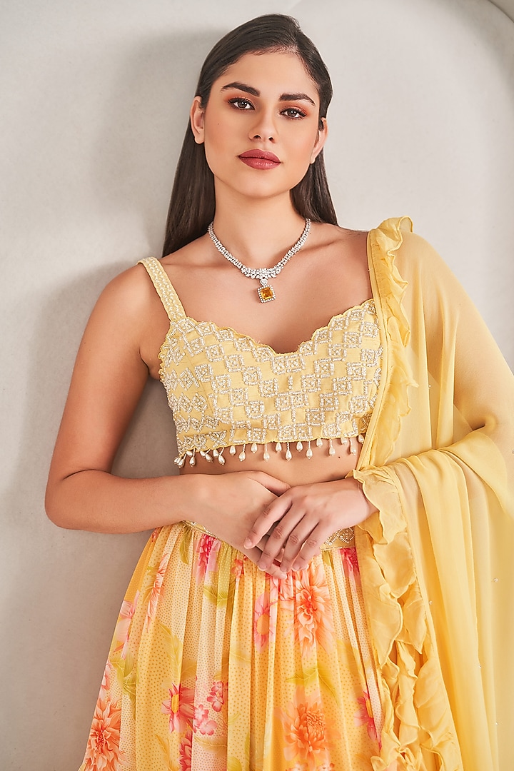 Sunshine Yellow Georgette Floral Printed Lehenga Set by Sammohi By Moksha & Hiral at Pernia's Pop Up Shop