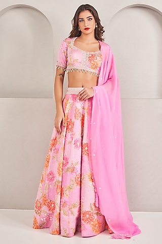 Lavender Modal Satin Floral Printed Lehenga Set by Sammohi By Moksha & Hiral