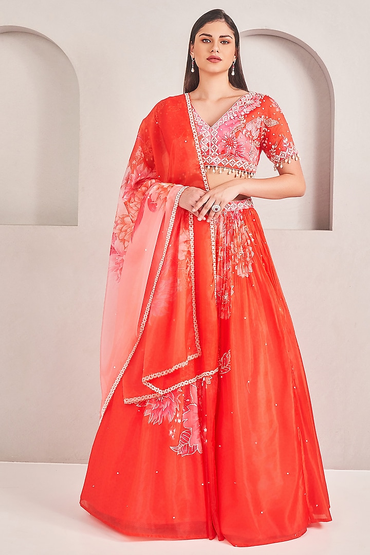 Coral Liquid Organza Floral Printed Wedding Lehenga Set by Sammohi By Moksha & Hiral at Pernia's Pop Up Shop