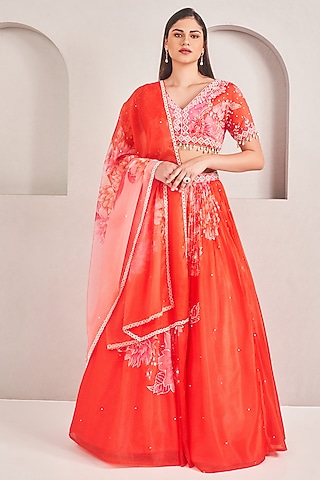 Coral Liquid Organza Floral Printed Lehenga Set by Sammohi By Moksha & Hiral