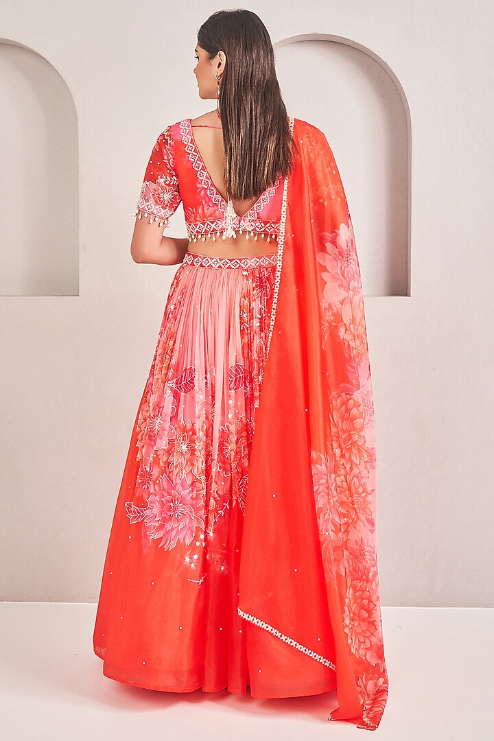 Coral Liquid Organza Floral Printed Wedding Lehenga Set by Sammohi By Moksha & Hiral at Pernia's Pop Up Shop