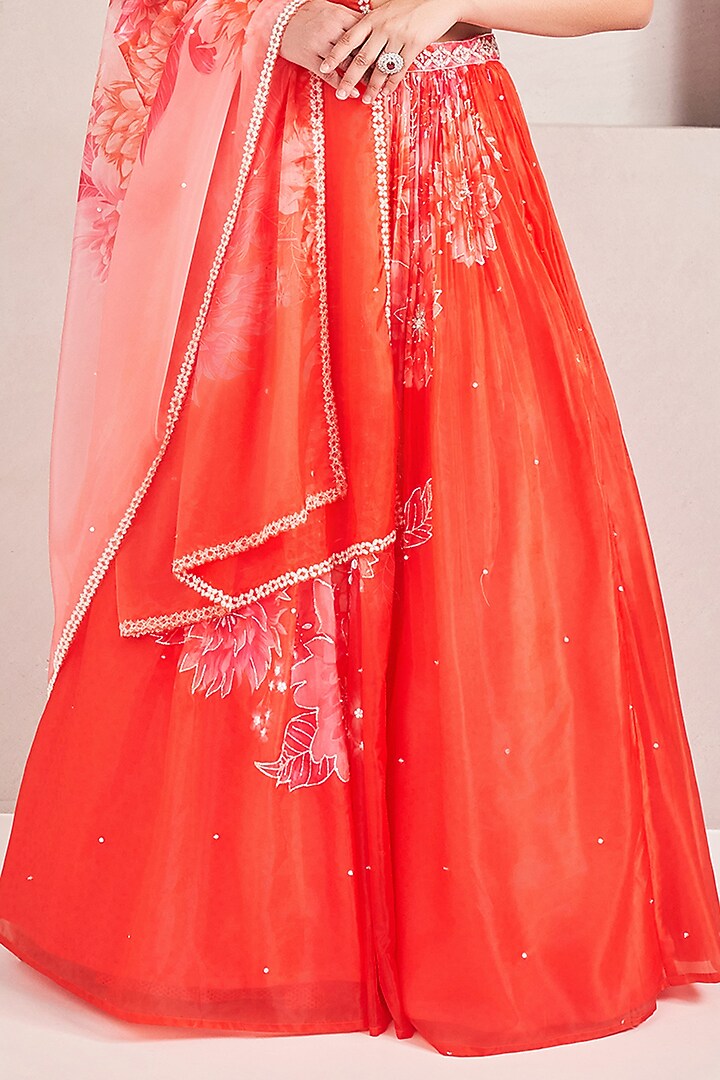 Coral Liquid Organza Floral Printed Wedding Lehenga Set by Sammohi By Moksha & Hiral at Pernia's Pop Up Shop
