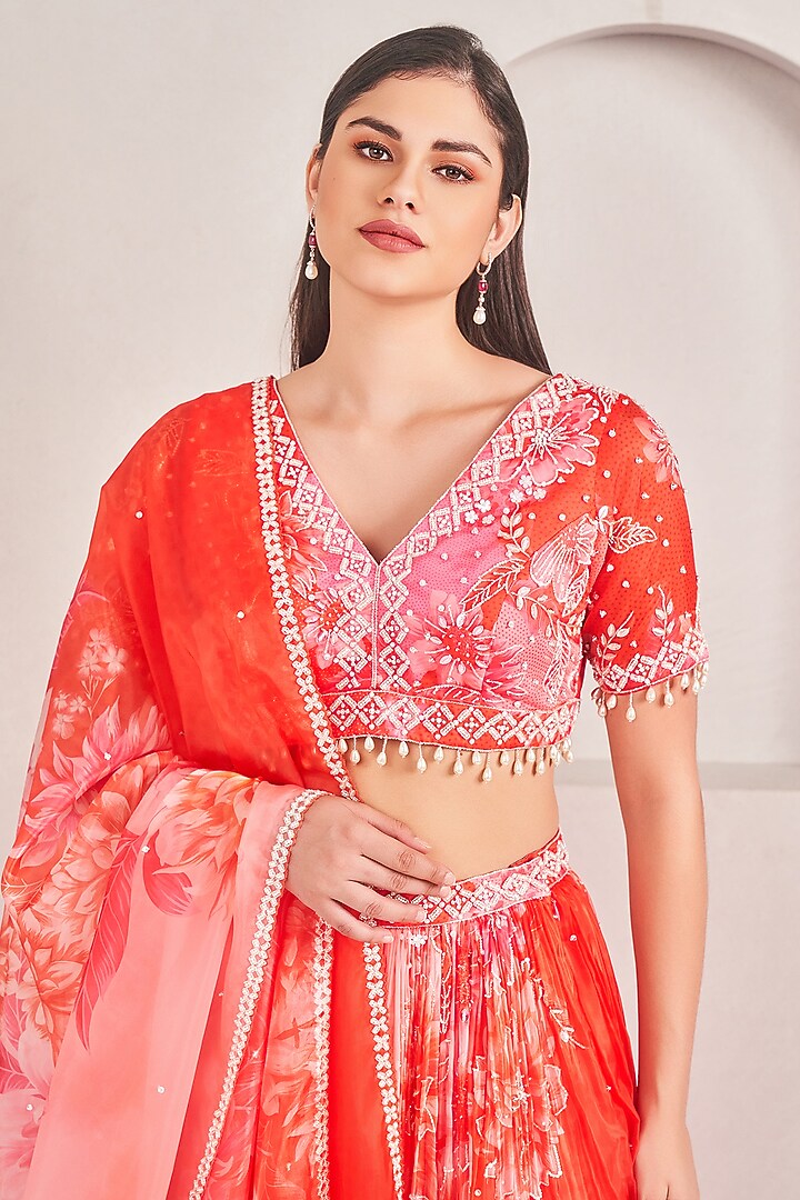 Coral Liquid Organza Floral Printed Wedding Lehenga Set by Sammohi By Moksha & Hiral at Pernia's Pop Up Shop