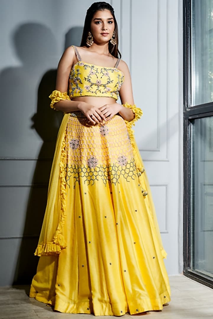 Sunshine Yellow Dupion Silk Embellished Lehenga Set by Sammohi By Moksha & Hiral