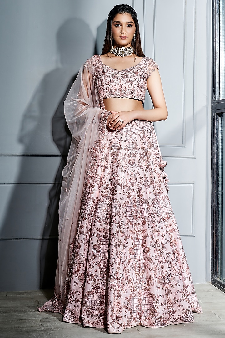 Blush Pink Raw Silk Embroidered Lehenga Set by Sammohi By Moksha & Hiral