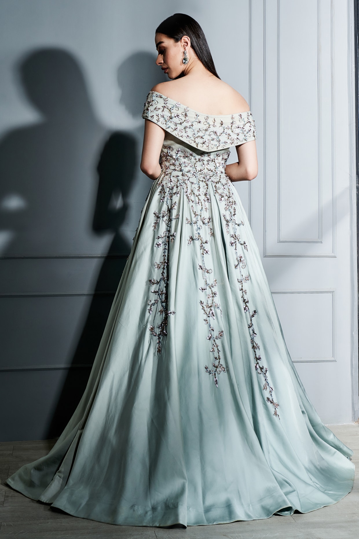 Steel grey evening outlet gown