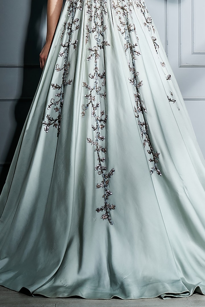 Steel Grey Silk Embellished Gown by Sammohi By Moksha Hiral at