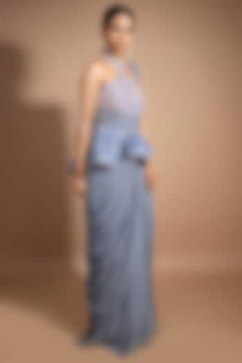 Ash Grey Raw Silk Embroidered Draped Gown by Sammohi By Moksha & Hiral at Pernia's Pop Up Shop