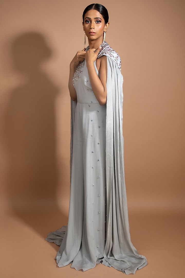 Steel Grey Georgette Embellished Jumpsuit With Cape by Sammohi By Moksha & Hiral