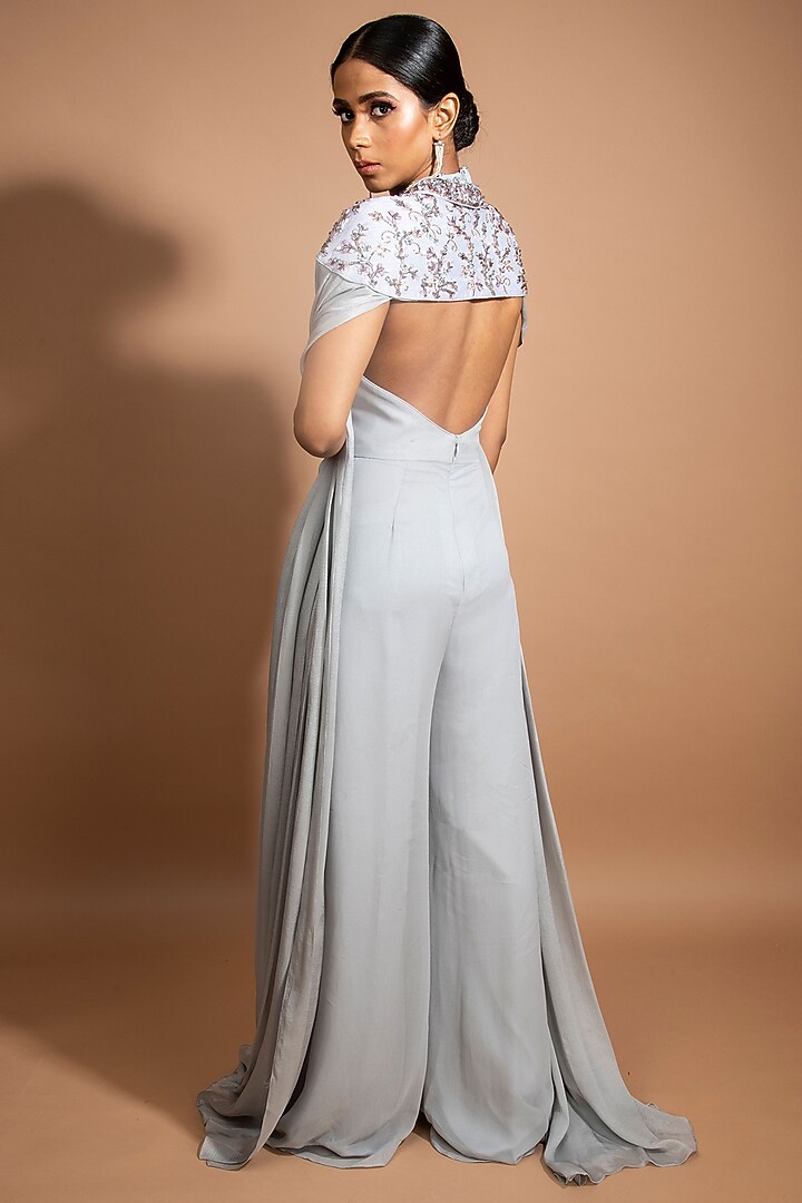 Steel Grey Georgette Embellished Jumpsuit With Cape by Sammohi By Moksha & Hiral at Pernia's Pop Up Shop