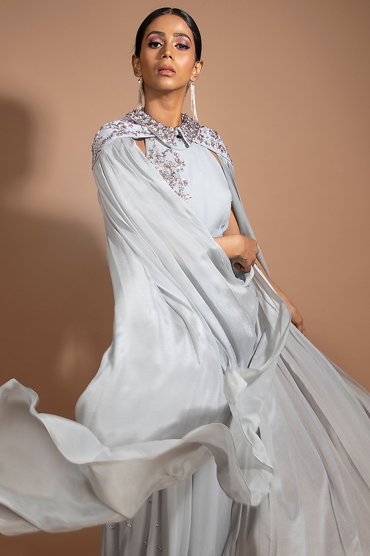 Steel Grey Georgette Embellished Jumpsuit With Cape by Sammohi By Moksha & Hiral at Pernia's Pop Up Shop