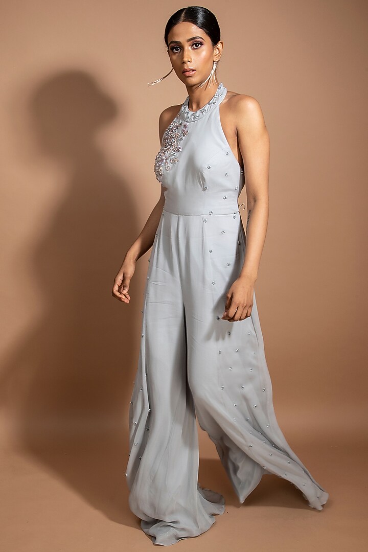 Steel Grey Georgette Embellished Jumpsuit With Cape by Sammohi By Moksha & Hiral at Pernia's Pop Up Shop