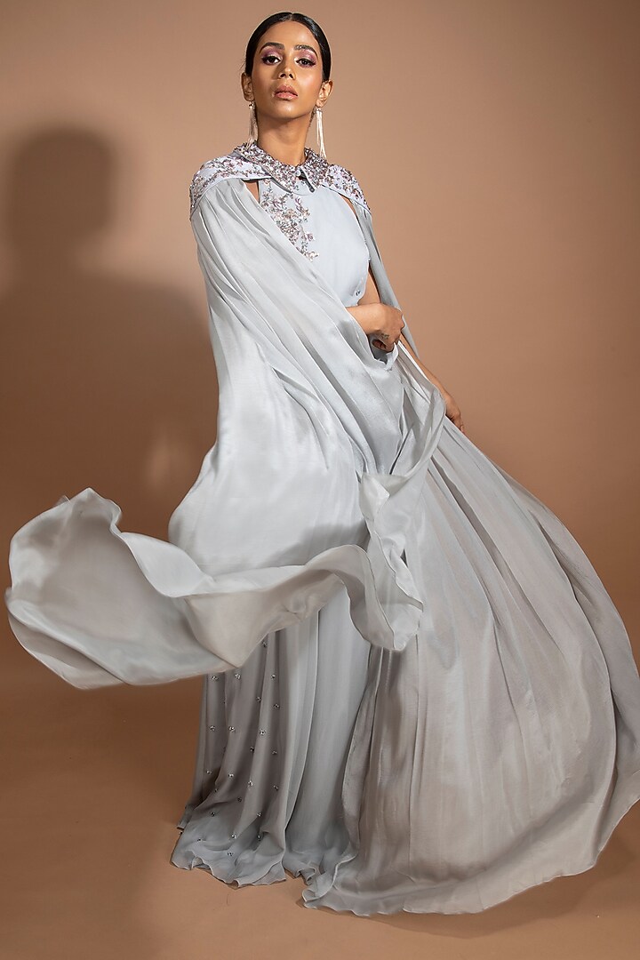 Steel Grey Georgette Embellished Jumpsuit With Cape by Sammohi By Moksha & Hiral at Pernia's Pop Up Shop