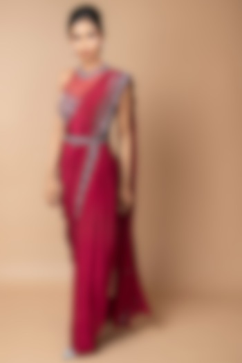 Burgundy Crepe Silk Pre-Draped Dhoti Saree Set by Sammohi By Moksha & Hiral
