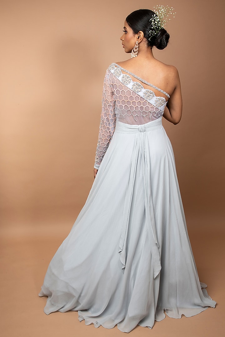 7773 GREY GOWN VOL 1 NET HEAVY EMBROIDERY SEQUENCE PEARL DIAMOND