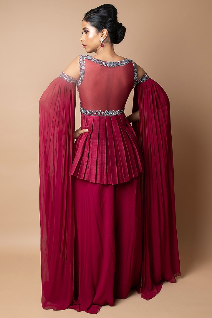 Burgundy Raw Silk Palazzo Pant Set by Sammohi By Moksha & Hiral at Pernia's Pop Up Shop