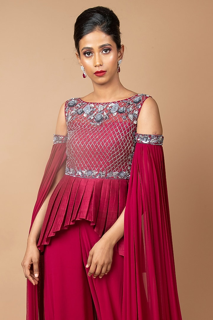 Burgundy Raw Silk Palazzo Pant Set by Sammohi By Moksha & Hiral at Pernia's Pop Up Shop