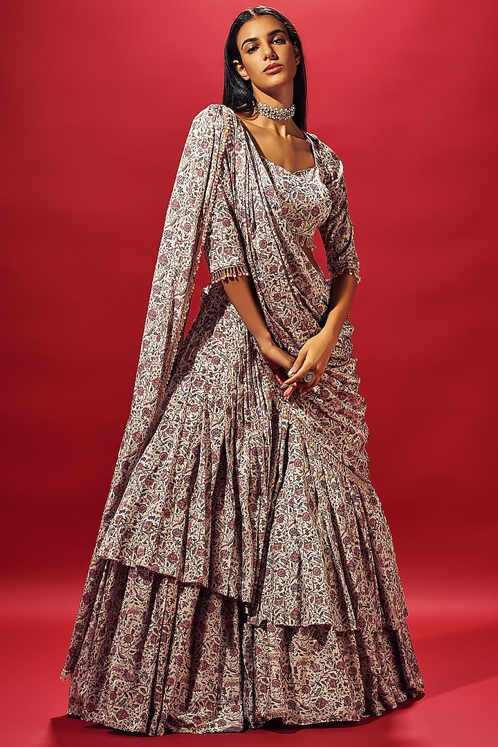 Ivory Beige Crepe Silk Floral Chintz Printed Layered Skirt Set by Sammohi By Moksha & Hiral