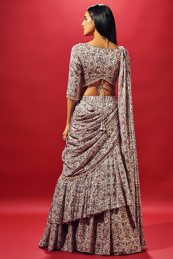 Ivory Beige Crepe Silk Floral Chintz Printed Layered Skirt Set by Sammohi By Moksha & Hiral at Pernia's Pop Up Shop