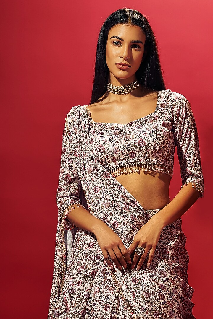Ivory Beige Crepe Silk Floral Chintz Printed Layered Skirt Set by Sammohi By Moksha & Hiral at Pernia's Pop Up Shop