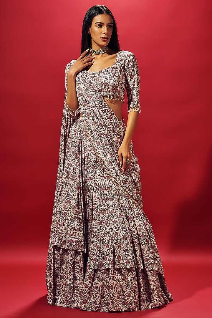 Ivory Beige Crepe Silk Floral Chintz Printed Layered Skirt Set by Sammohi By Moksha & Hiral at Pernia's Pop Up Shop