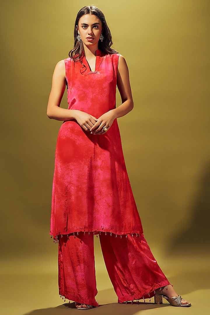 Pink Crepe Silk Tie-Dye Embellished Kurta Set by Sammohi By Moksha & Hiral