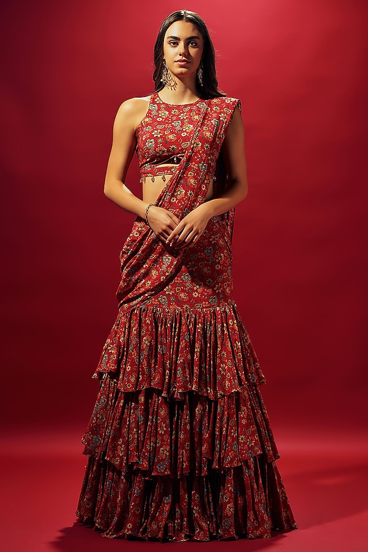 Red Crepe Silk Floral Printed Layered Skirt Set by Sammohi By Moksha & Hiral