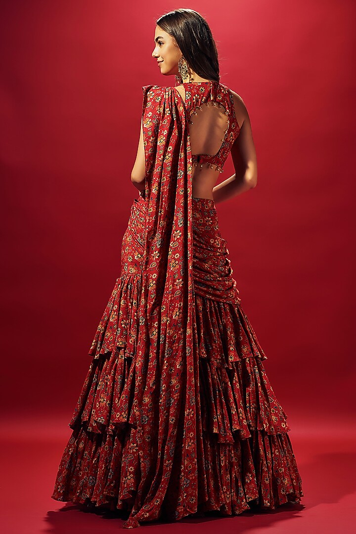 Red Crepe Silk Floral Printed Layered Skirt Set by Sammohi By Moksha & Hiral at Pernia's Pop Up Shop