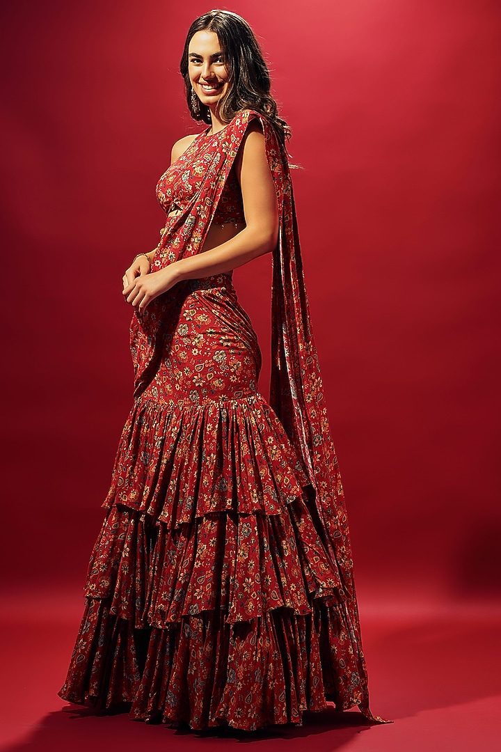 Red Crepe Silk Floral Printed Layered Skirt Set by Sammohi By Moksha & Hiral at Pernia's Pop Up Shop