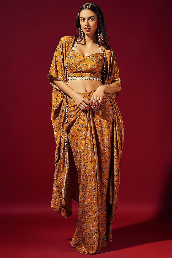 Mustard Crepe Silk Floral Printed Draped Skirt Set by Sammohi By Moksha & Hiral