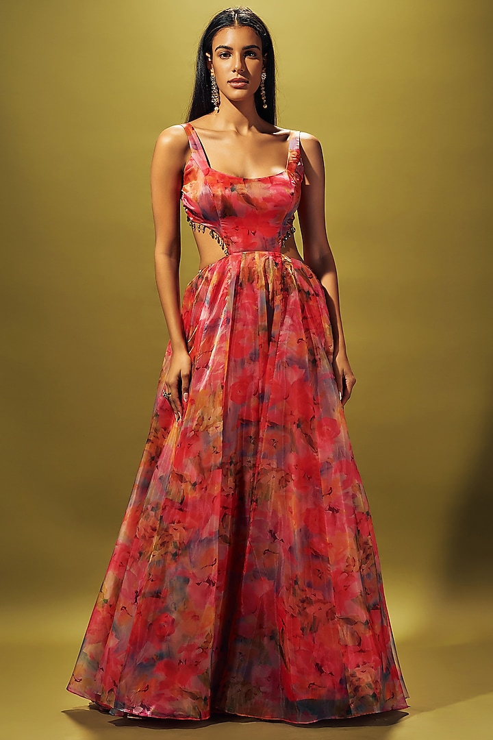 Multi-Colored Liquid Organza Crystal Embellished Gown by Sammohi By Moksha & Hiral