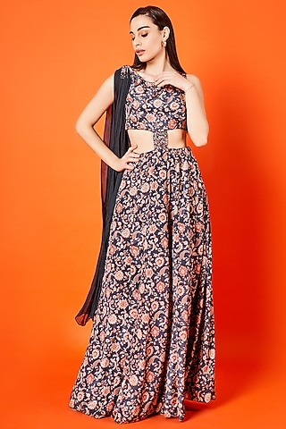 Black & Oyster Beige Crepe Silk Gown by Sammohi By Moksha & Hiral