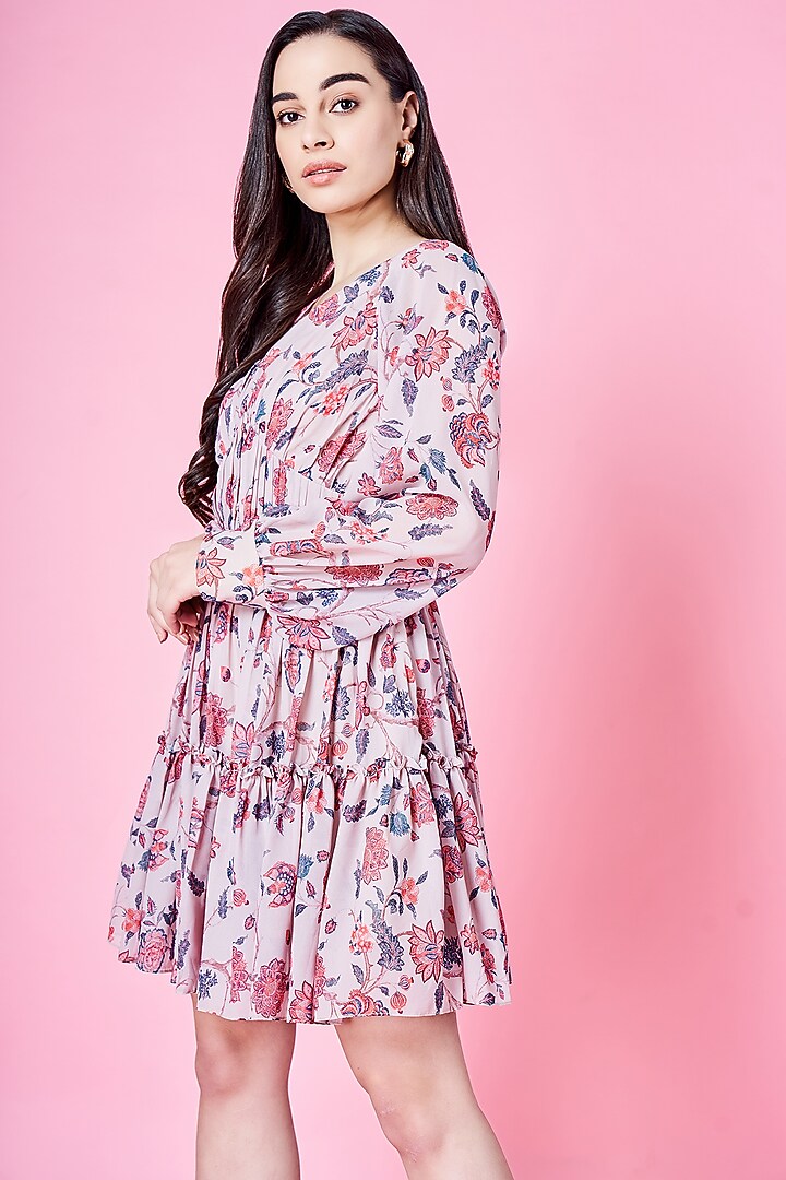Beige & Cherry Red Chiffon Tiered Ruffled Summer Dress by Sammohi By Moksha & Hiral at Pernia's Pop Up Shop