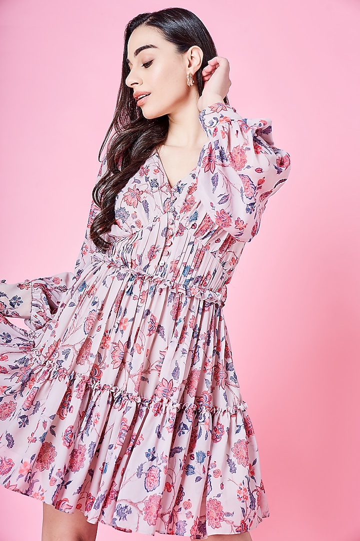 Beige & Cherry Red Chiffon Tiered Ruffled Summer Dress by Sammohi By Moksha & Hiral at Pernia's Pop Up Shop