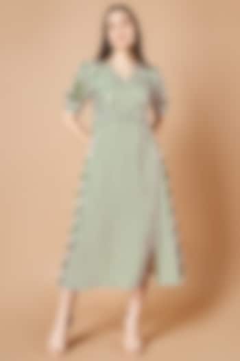 Forest Green & Cream Crisp Silk Striped Midi Dress by Sammohi By Moksha & Hiral