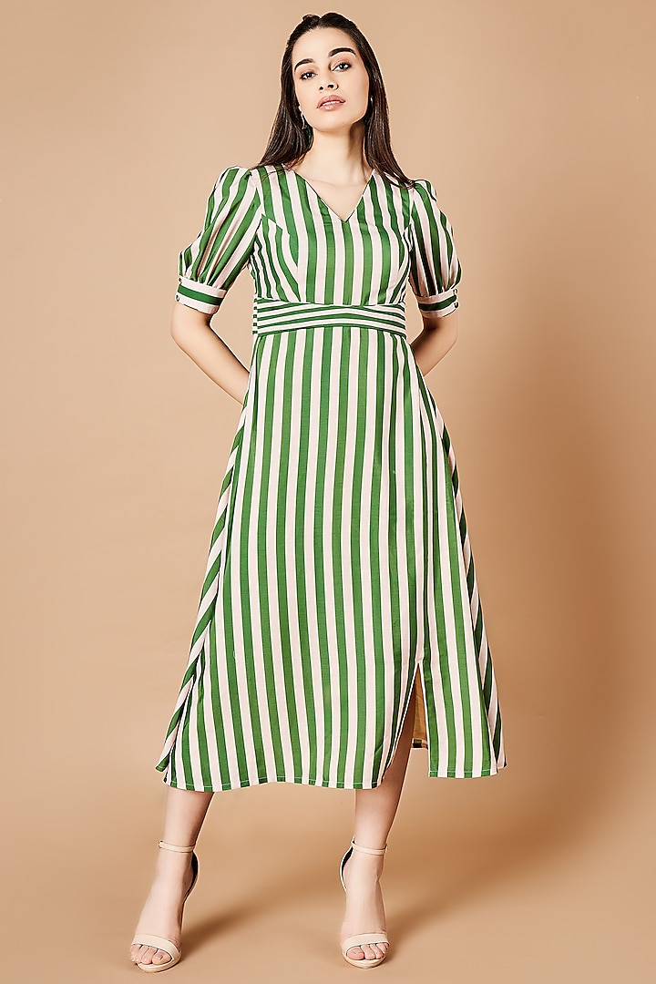 Forest Green & Cream Crisp Silk Striped Midi Dress by Sammohi By Moksha & Hiral