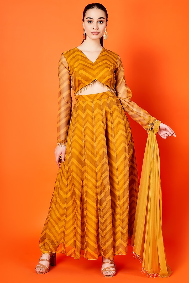 Mustard Organza Chevron Anarkali Set by Sammohi By Moksha & Hiral at Pernia's Pop Up Shop