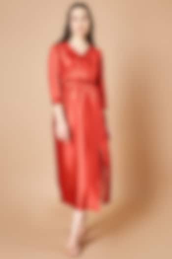 Vermillion Red & Brown Japan Satin Striped Midi Summer Dress by Sammohi By Moksha & Hiral at Pernia's Pop Up Shop