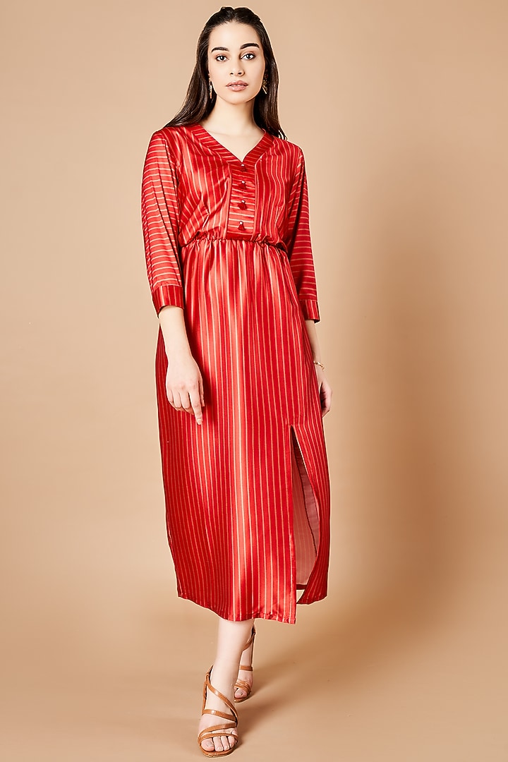 Vermillion Red & Brown Japan Satin Striped Midi Summer Dress by Sammohi By Moksha & Hiral at Pernia's Pop Up Shop