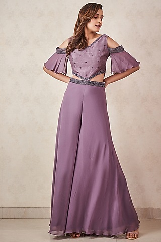Ash Grey Georgette Hand Embellished Jumpsuit by Sammohi By Moksha & Hiral