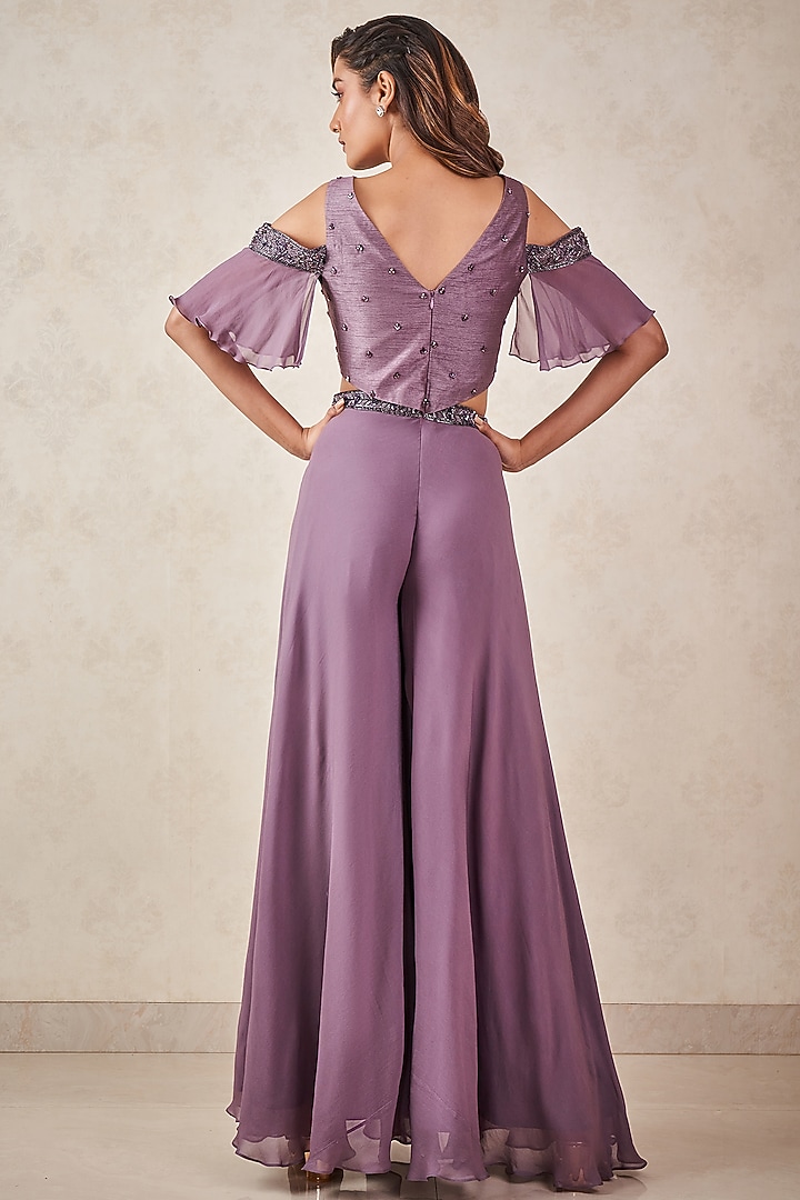 Ash Grey Georgette Hand Embellished Jumpsuit by Sammohi By Moksha & Hiral at Pernia's Pop Up Shop