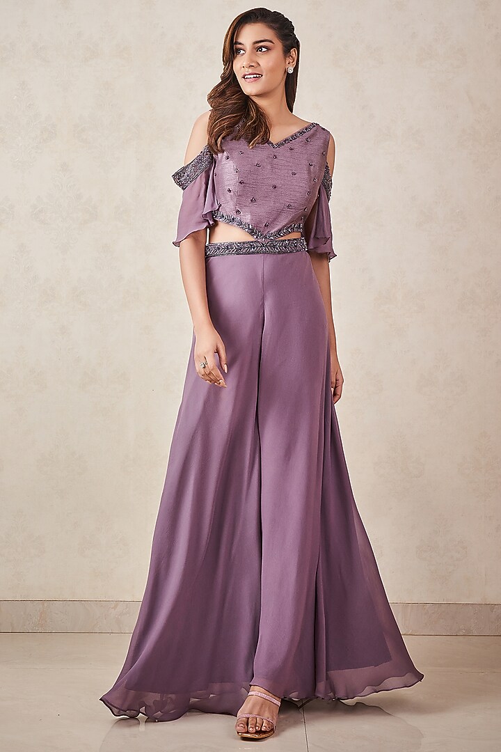 Ash Grey Georgette Hand Embellished Jumpsuit by Sammohi By Moksha & Hiral at Pernia's Pop Up Shop